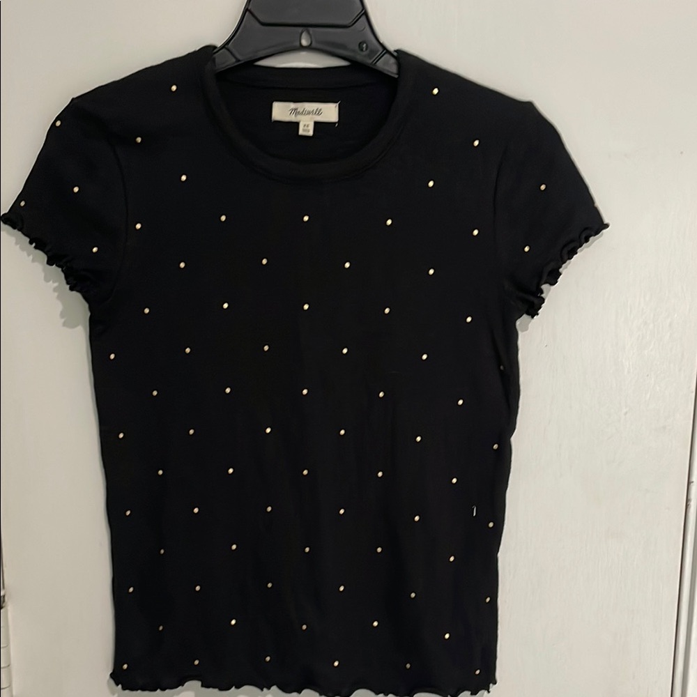 Madewell Black and gold polka dot fitted ruffle tee